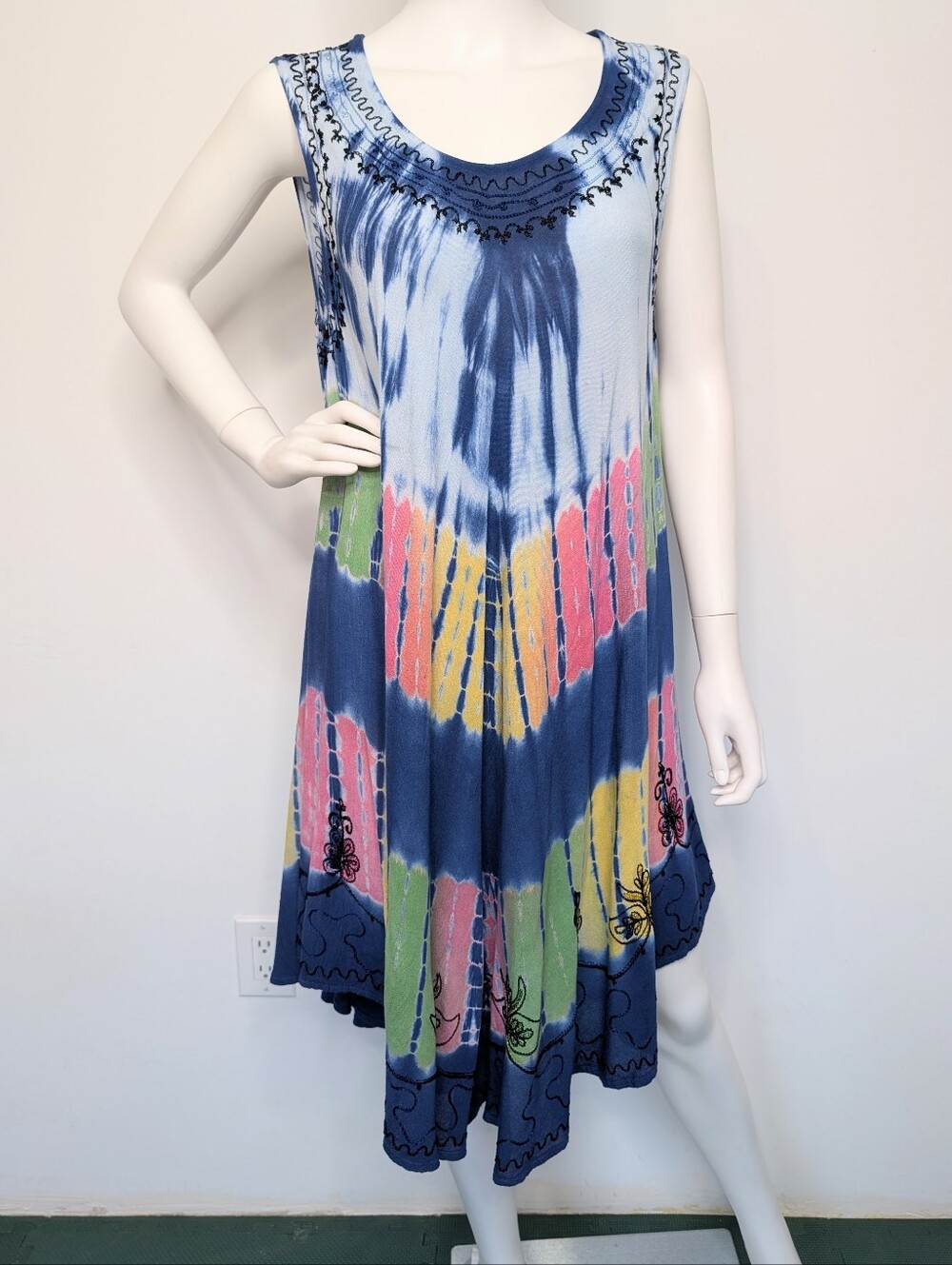 Y2K Flowy Light Weight Blue & Pink Multi Color Tie-dye Sleeveless Sundress Boho